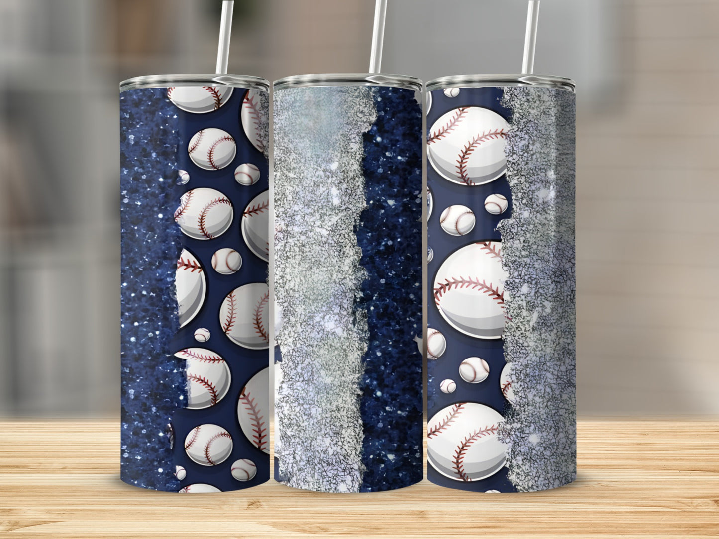 Three baseball-themed tumblers with glitter and dark blue accents.