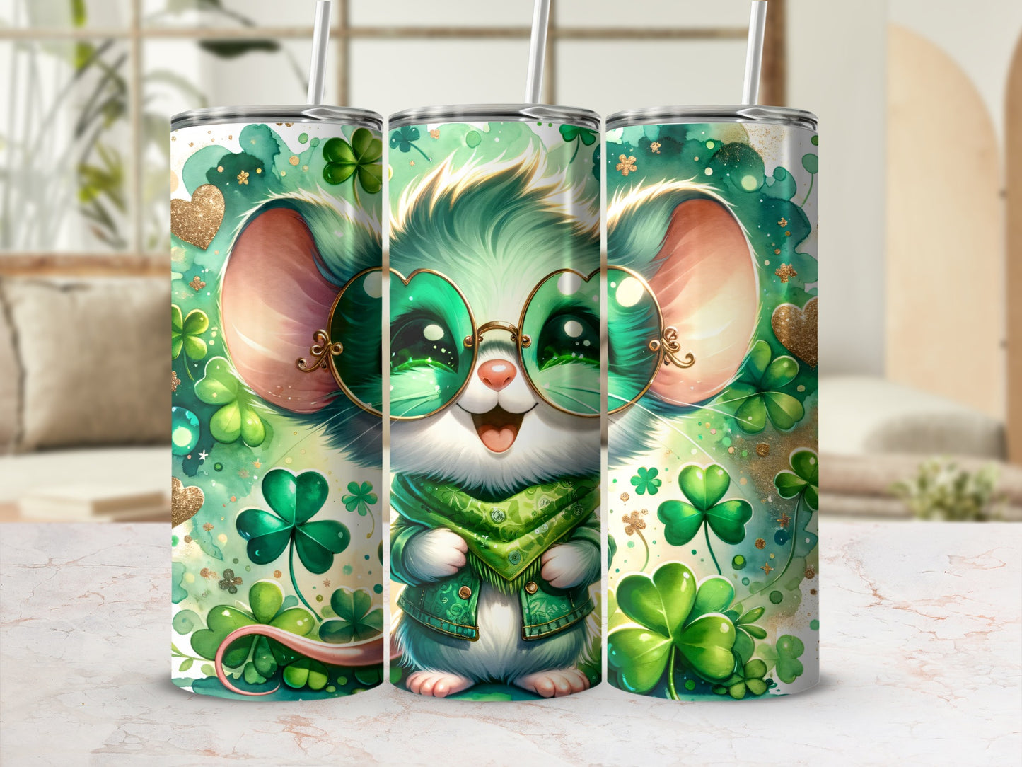 Cute cartoon mouse wearing glasses and a scarf, surrounded by shamrocks and glitter.