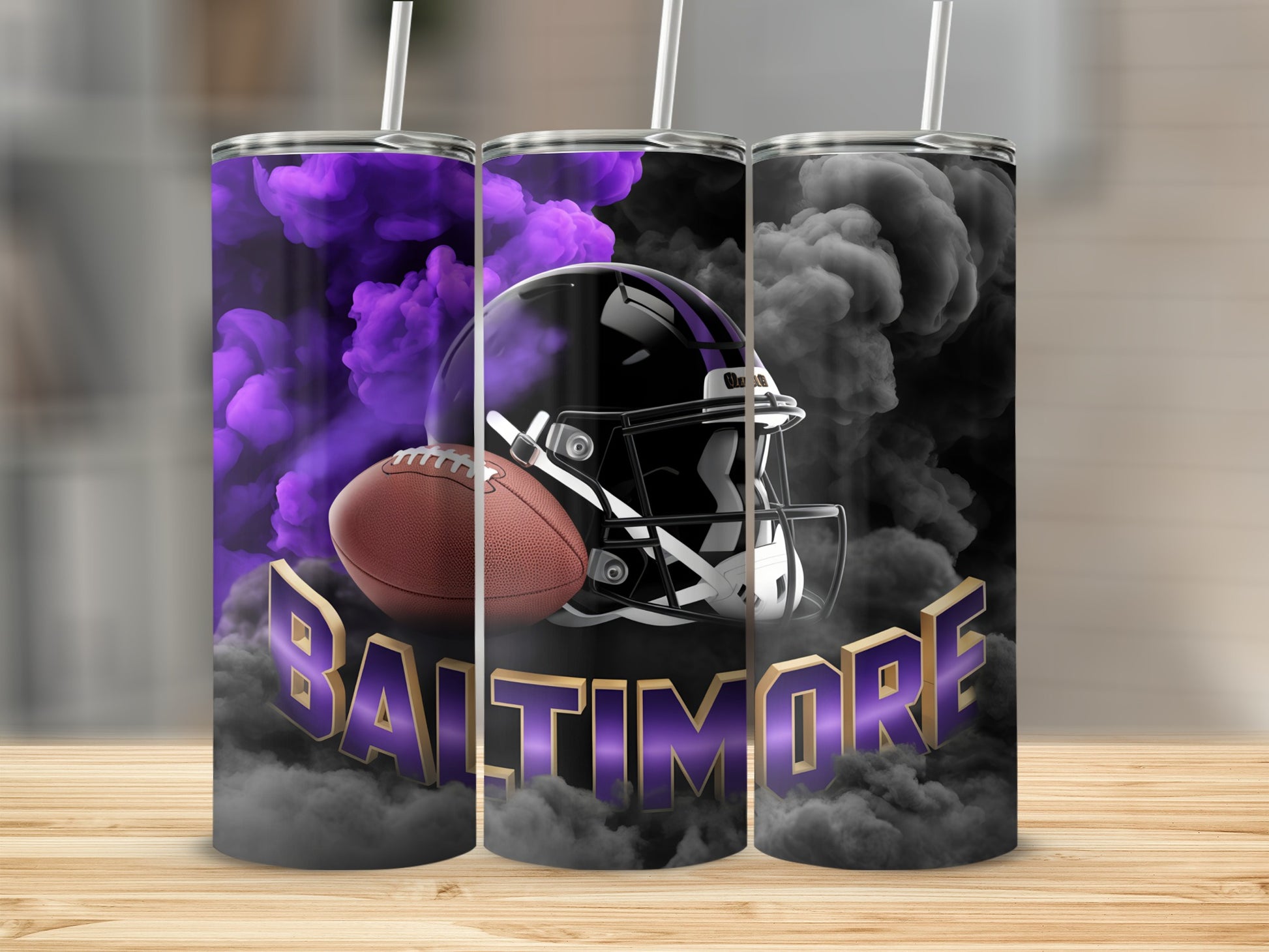 Baltimore Ravens football helmet and ball with purple smoke.