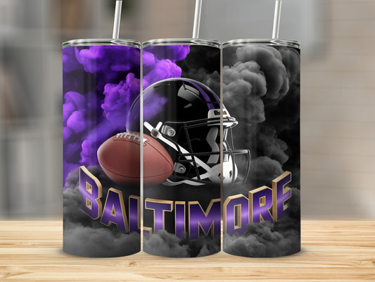 Baltimore Ravens football helmet and ball with purple smoke.