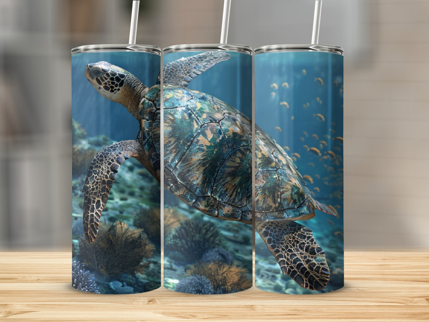Sea turtle swimming underwater with coral and small fish.