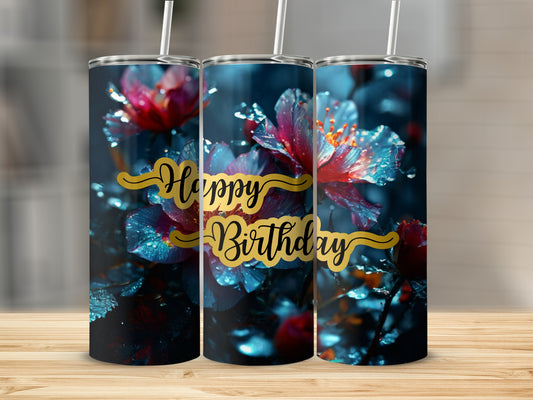 Three tumblers with a floral "Happy Birthday" design.