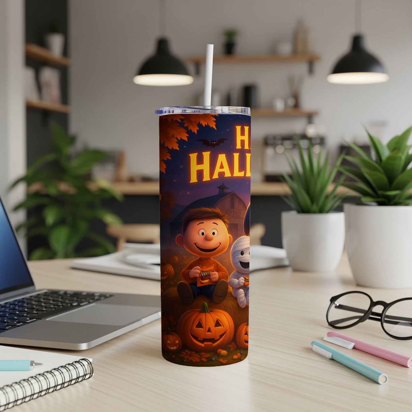 Halloween tumbler with Charlie Brown and a mummy character, pumpkins and text.