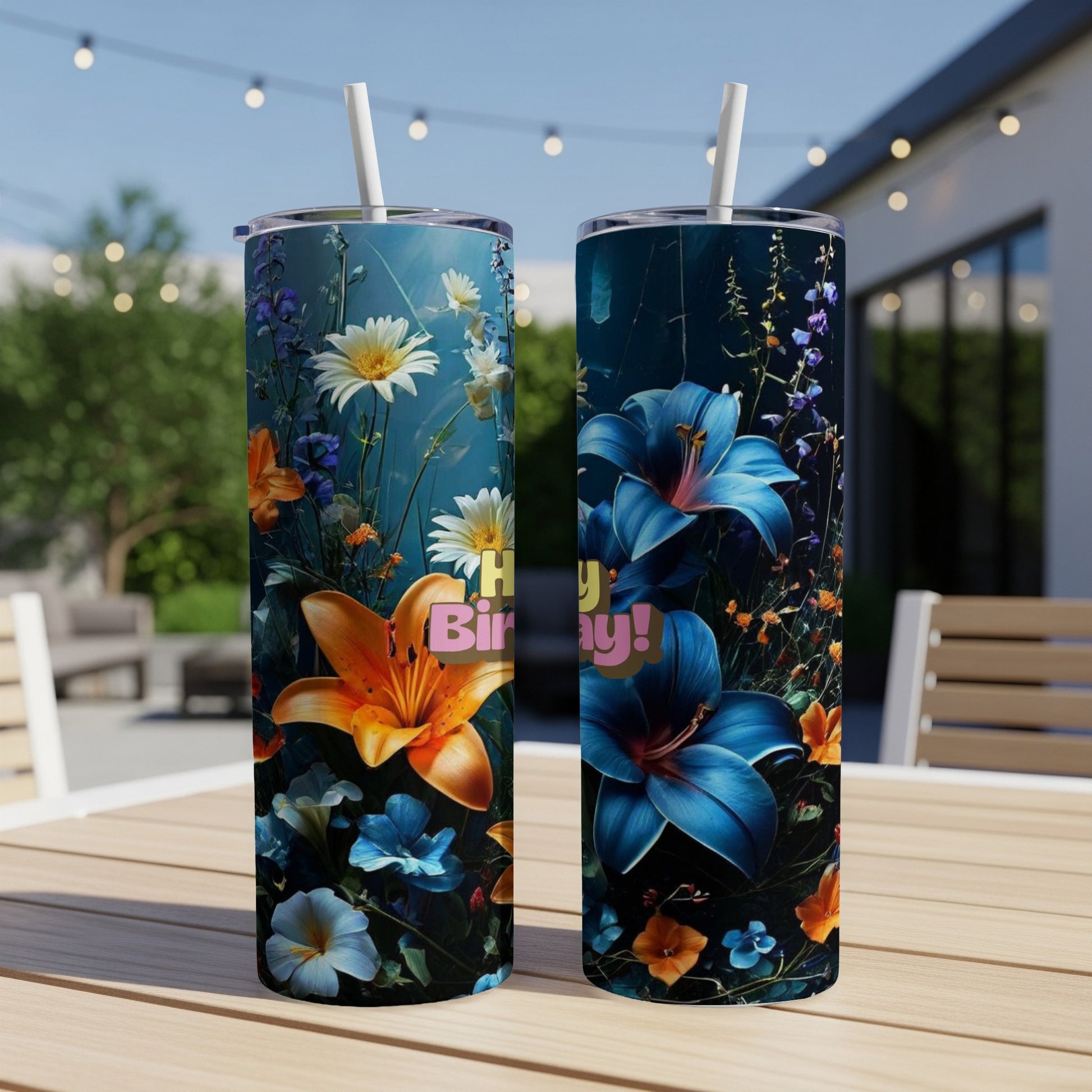 Two tall tumblers with floral designs, one featuring "Happy Birthday!" text.