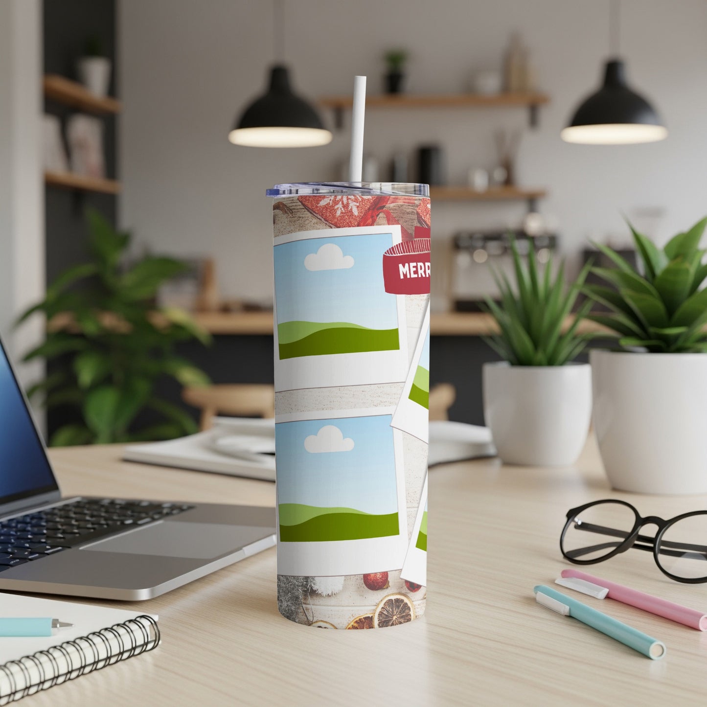 Tumbler with Christmas-themed photo frames, a red ribbon that says "Merry".