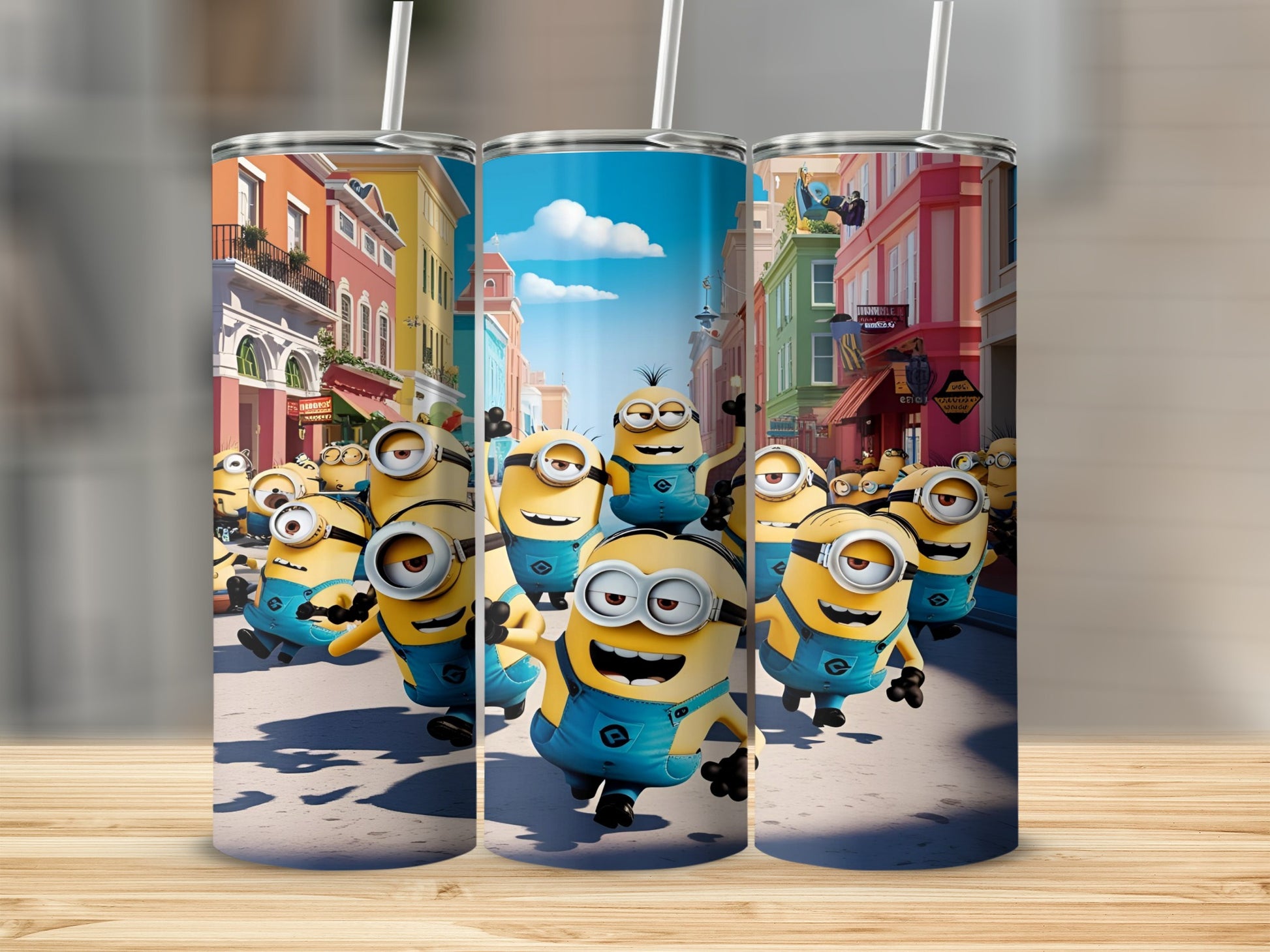 Minions running down a colorful city street, smiling.
