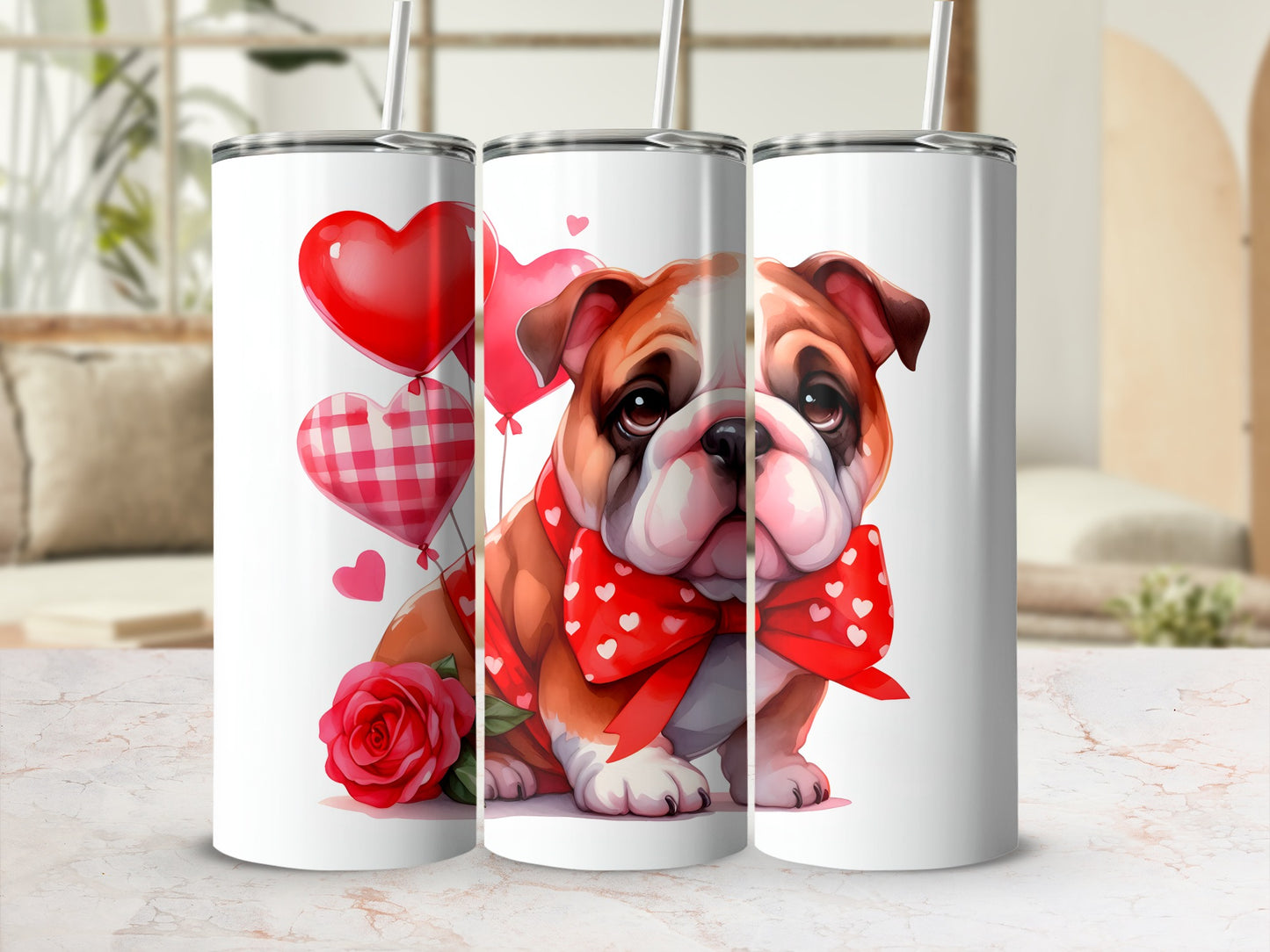 Bulldog with red bow tie and heart balloons on a Valentine's Day tumbler.