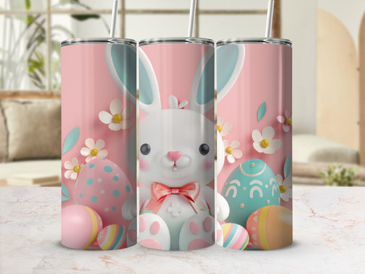 Easter bunny with pastel eggs and flowers on pink background.