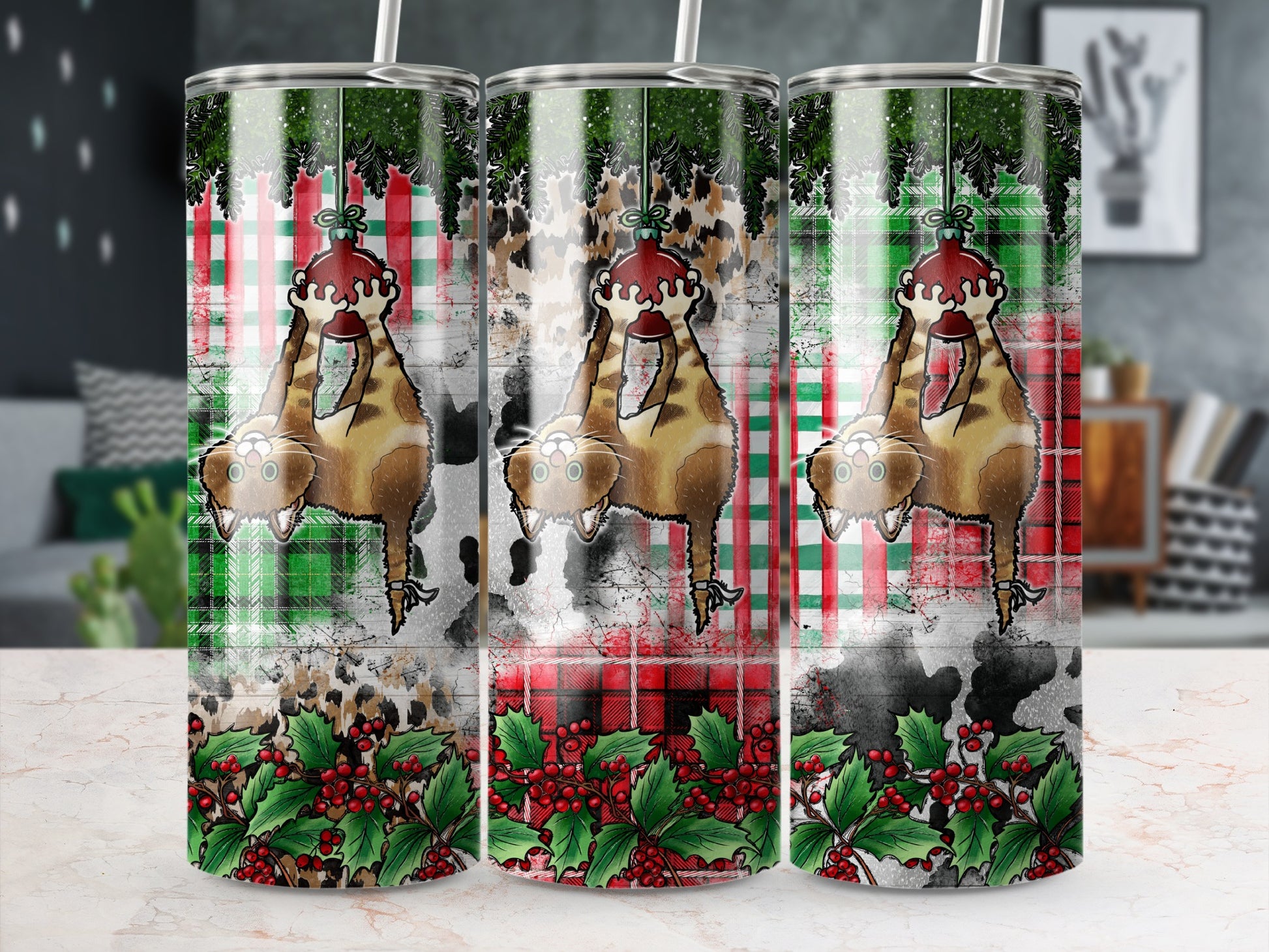 Three tumblers with a distressed holiday sloth design, red and green plaid, and holly berries.