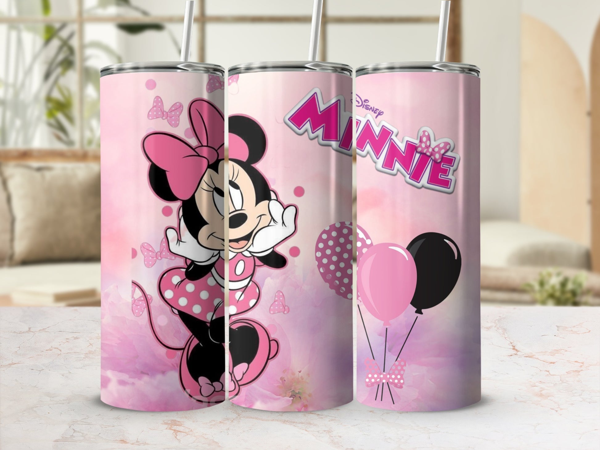 Minnie Themed Tumbler with Balloons and Bows