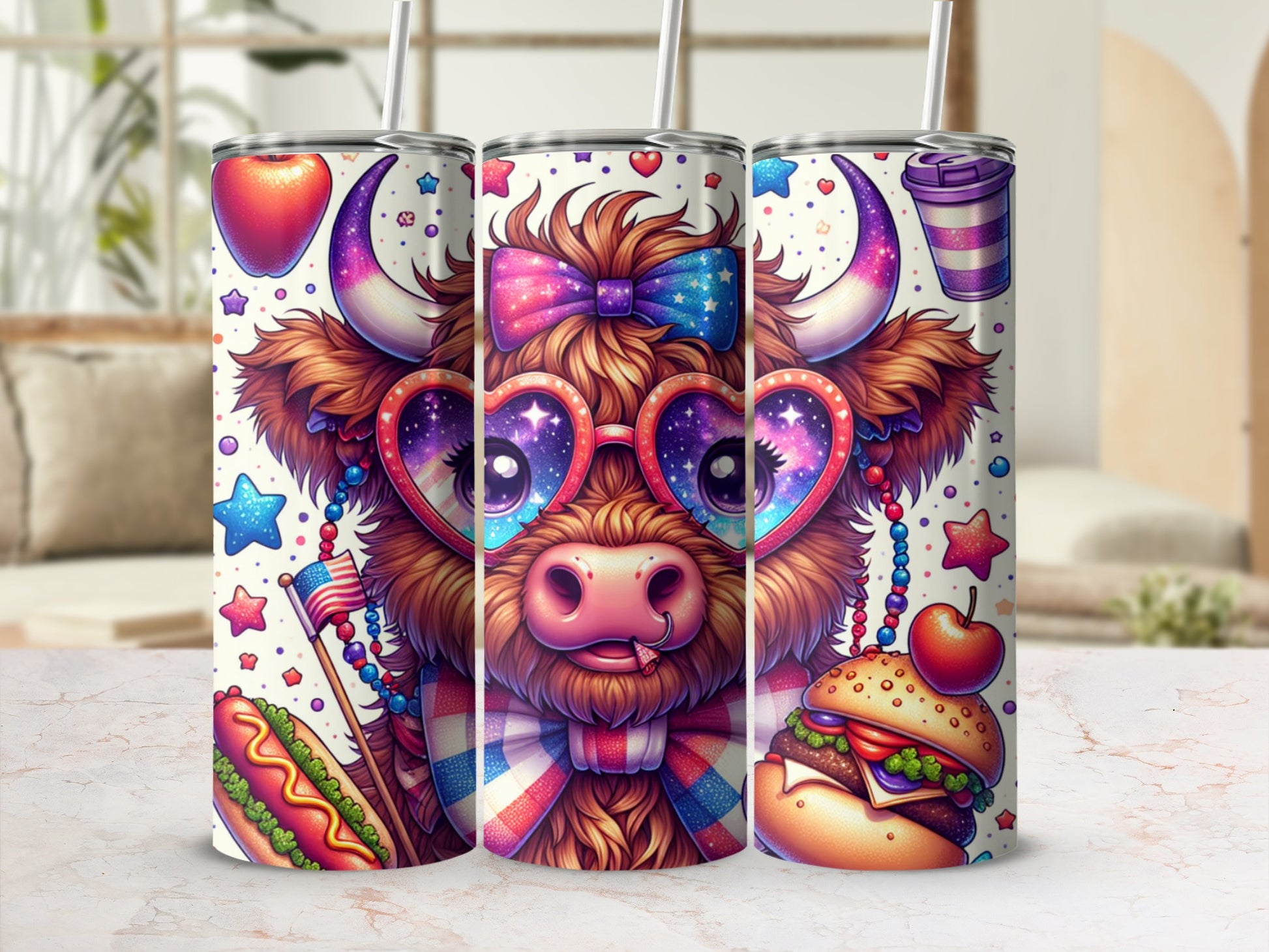 Bull wearing heart-shaped sunglasses with patriotic headband and bow, surrounded by festive food and stars.