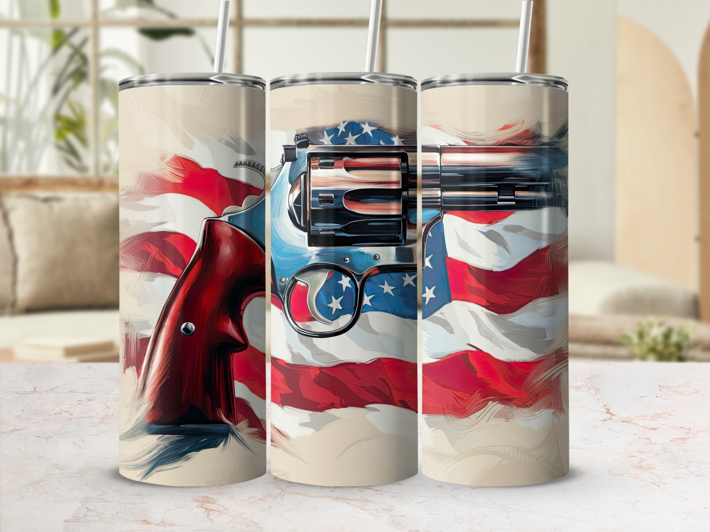 Triptych of tumblers with a painted American flag and pistol design.