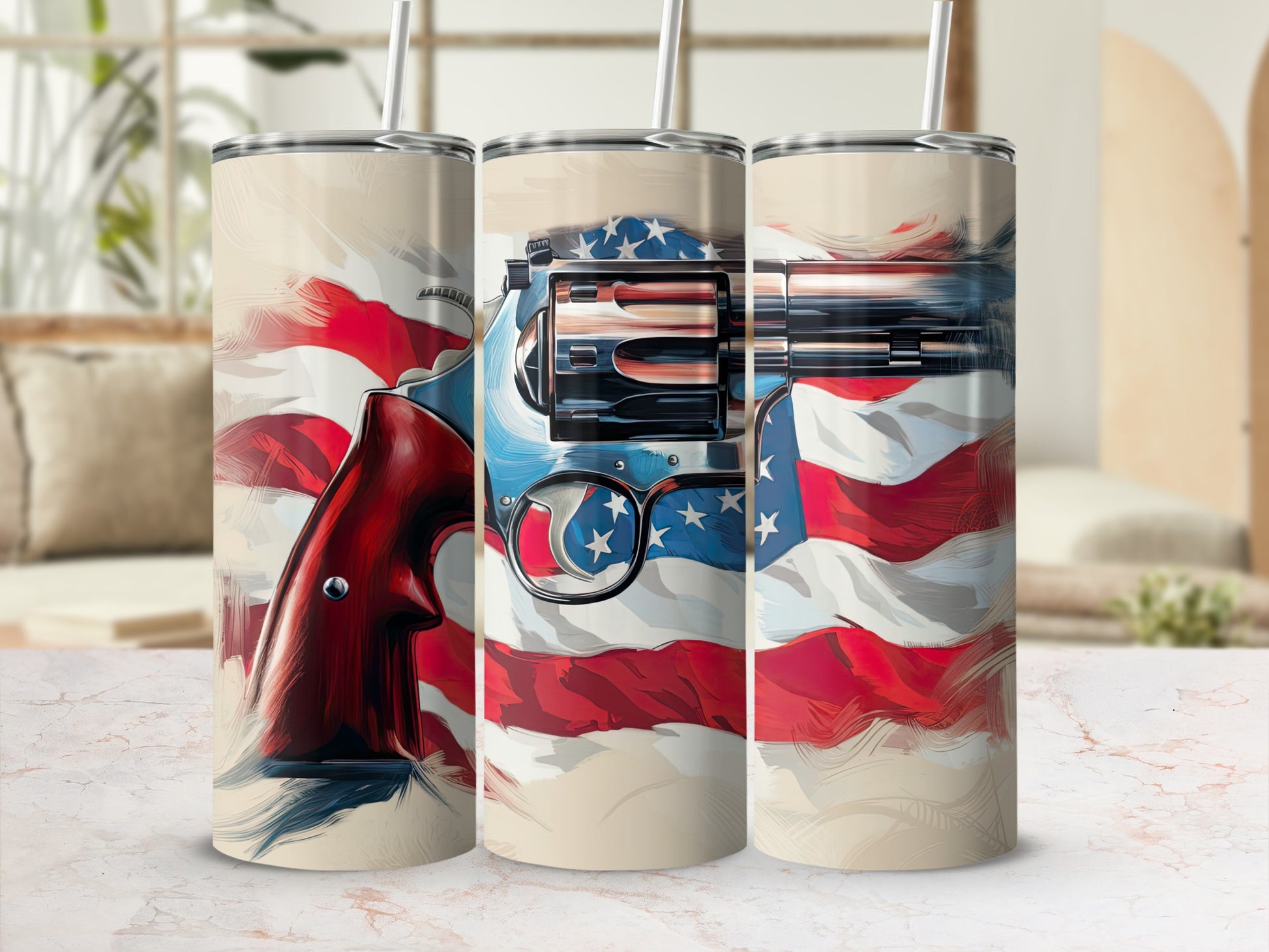 Triptych of tumblers with a painted American flag and pistol design.