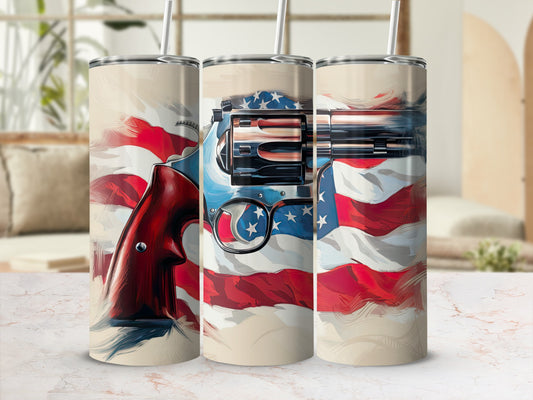 Triptych of tumblers with a painted American flag and pistol design.