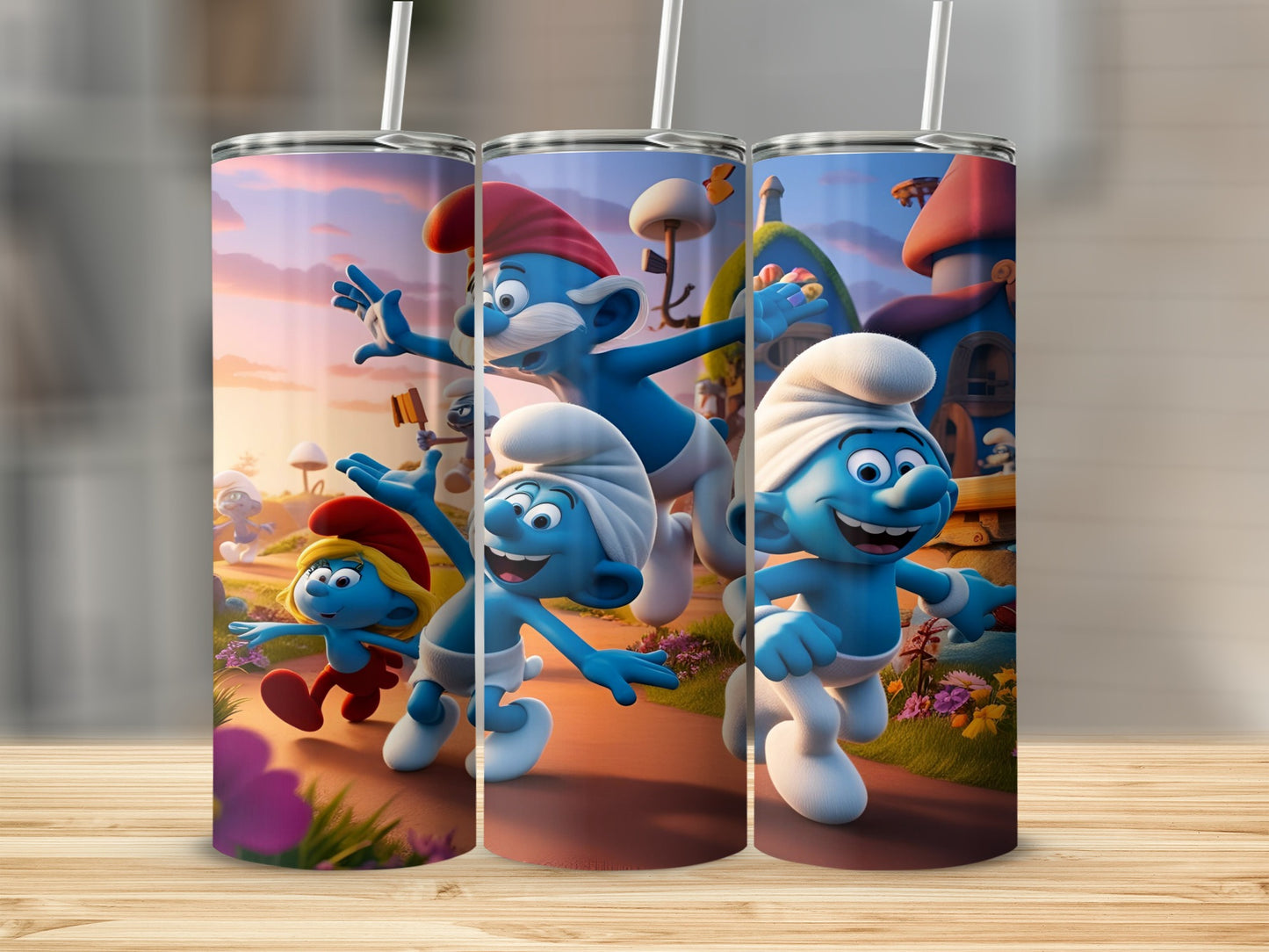 Smurfs characters in a whimsical village setting, smiling and walking.