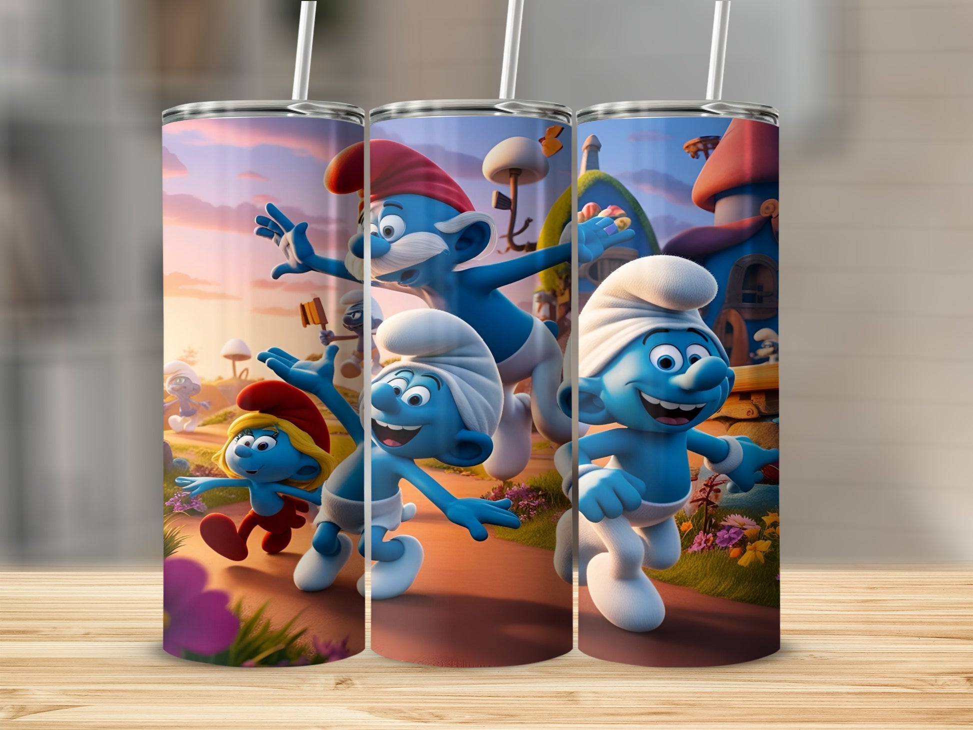 Smurfs characters in a whimsical village setting, smiling and walking.