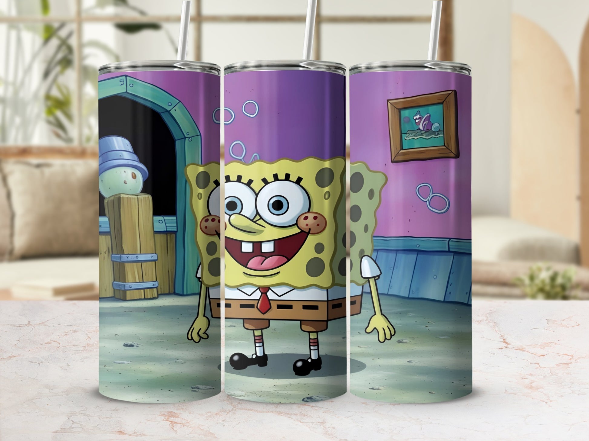 SpongeBob SquarePants character design on three purple stainless steel tumblers.