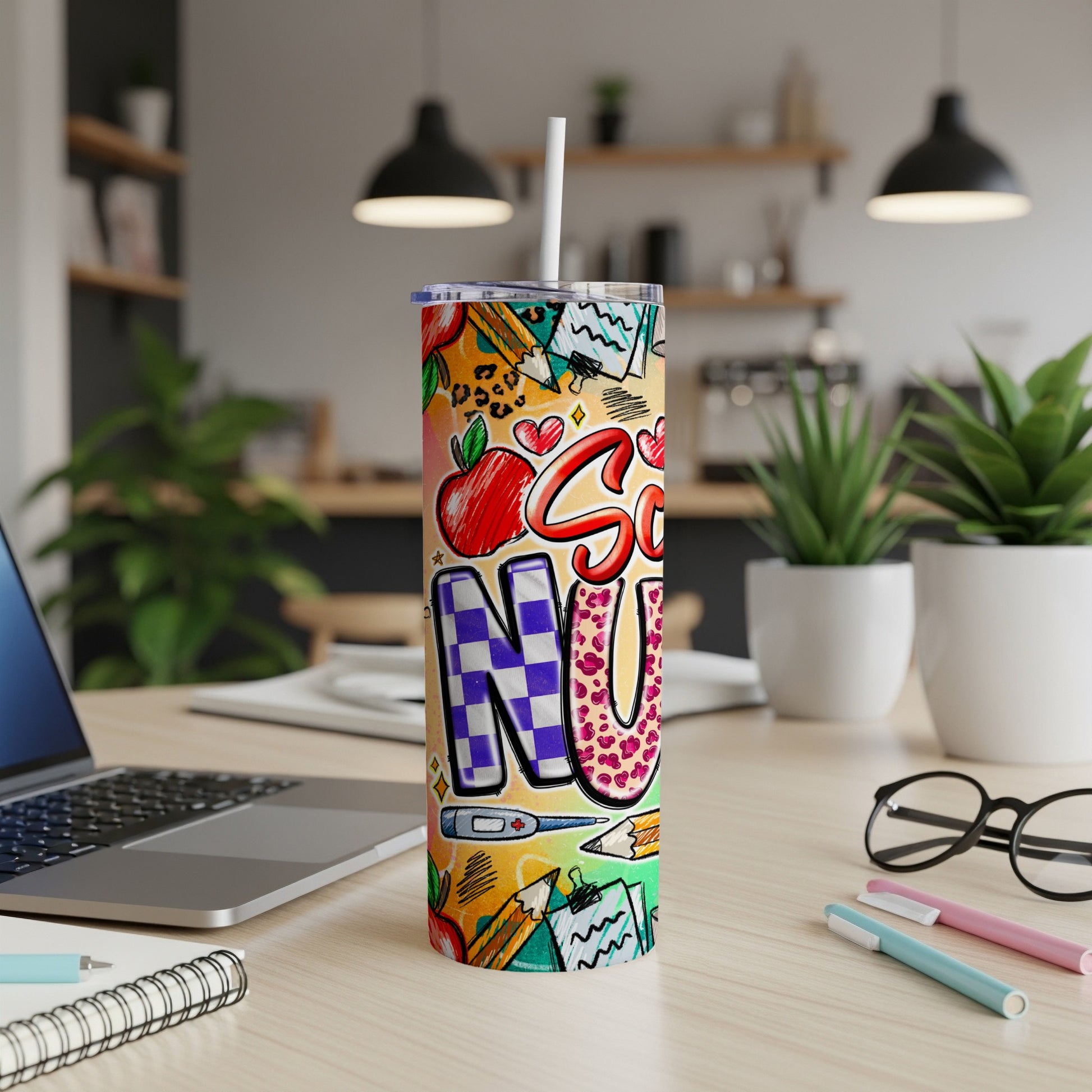 "Scrubs" patterned tumbler with colorful school and medical icons.
