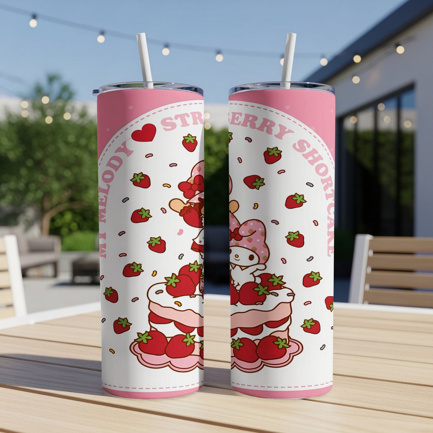 My Melody Shortcake tumbler with strawberries and hearts.
