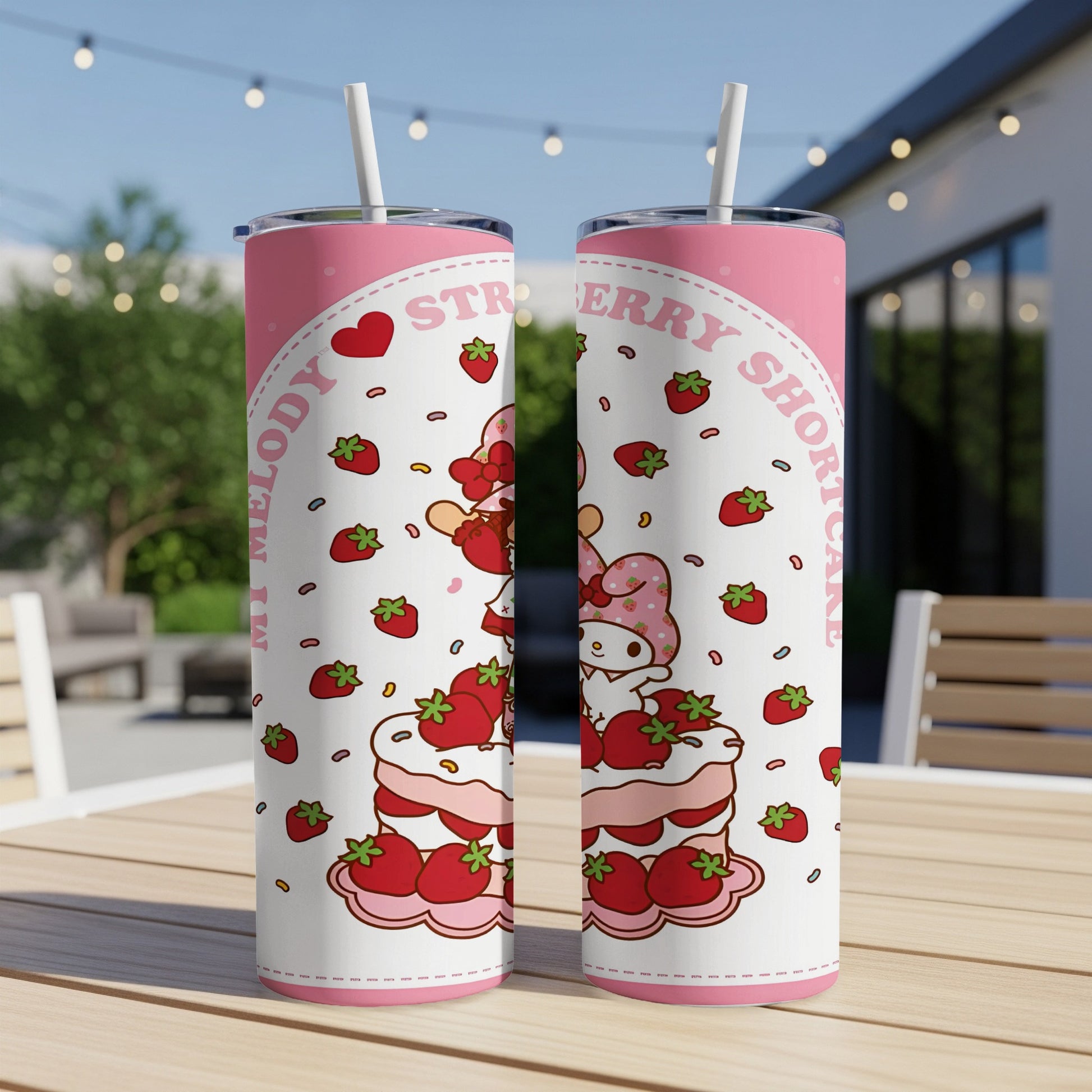 My Melody Shortcake tumbler with strawberries and hearts.