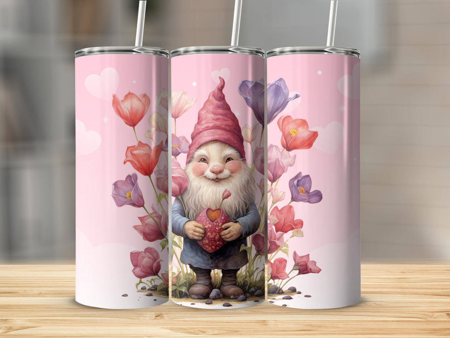 Adorable Gnome Holding Heart with Flowers Tumbler