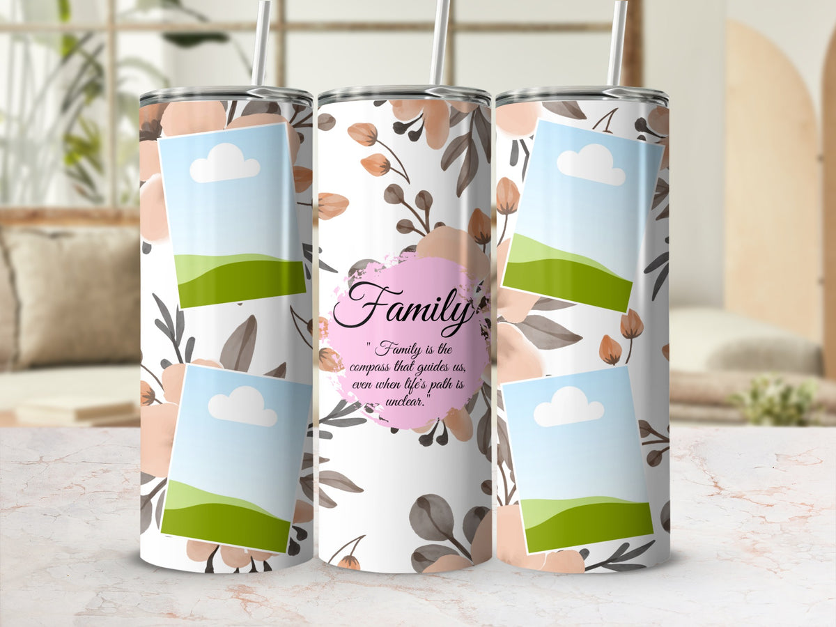 Three tumblers with floral design, featuring photos and "Family is the compass..." quote.