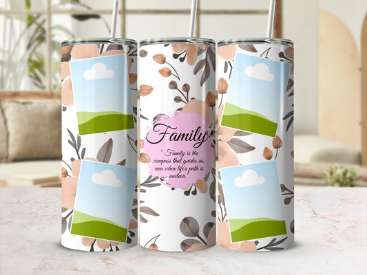 Three tumblers with floral design, featuring photos and "Family is the compass..." quote.