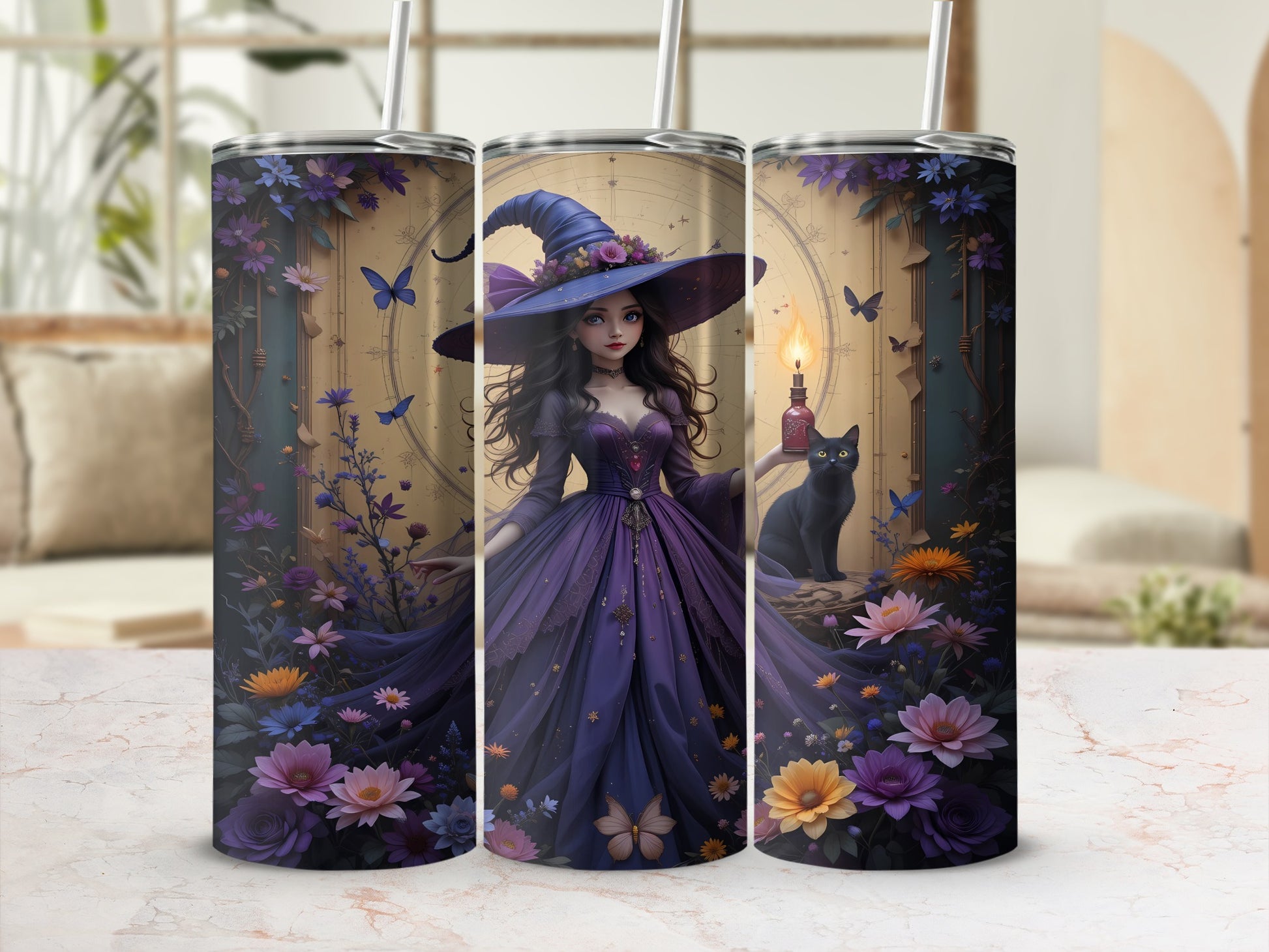 Purple witch with black cat and glowing bottle on floral patterned tumbler.