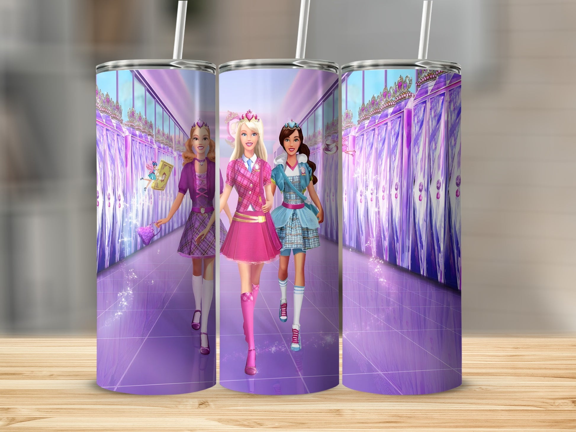 Three Barbie dolls in dresses walk down a purple hallway with glittering walls.