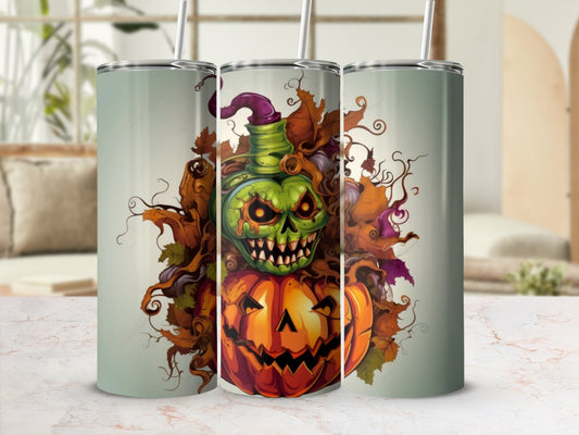 Three tumblers with a spooky Halloween pumpkin and monster design.