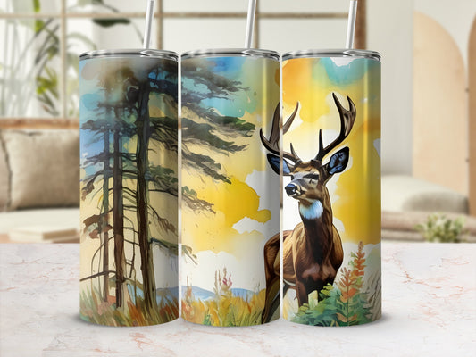 Three tumblers featuring a deer and forest scene against a watercolor sky.