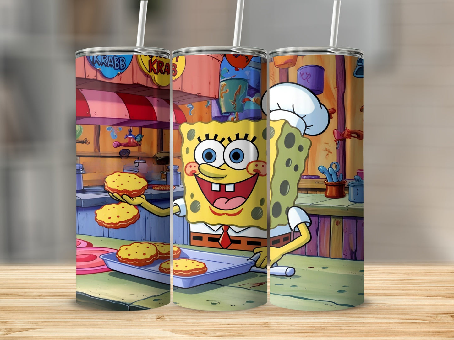 SpongeBob SquarePants holding Krabby Patties in a kitchen.