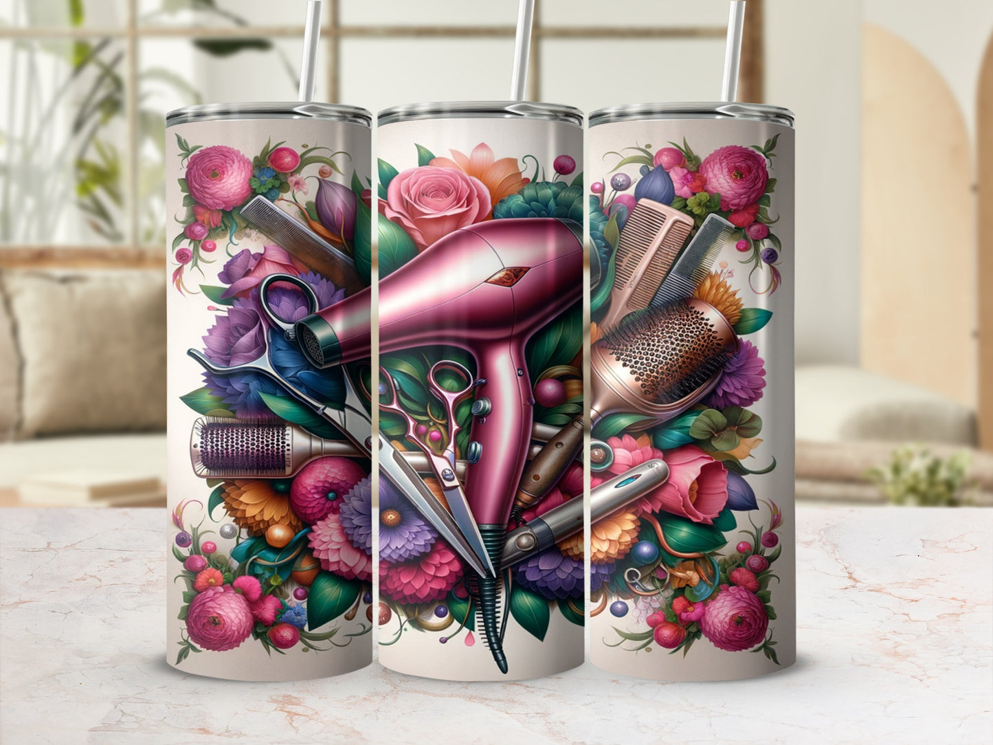 Colorful Hair Stylist Tools and Flowers Tumbler