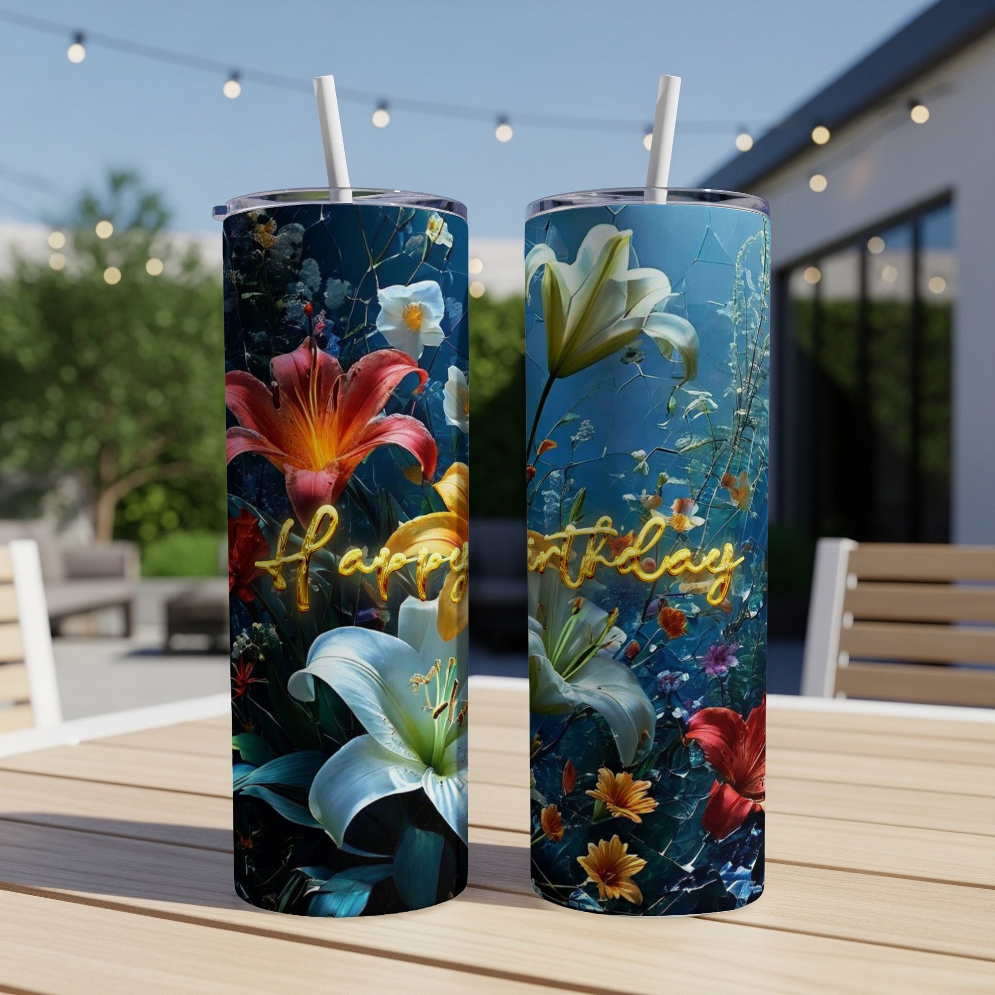 Two tumblers with a floral design and "Happy Birthday" text.