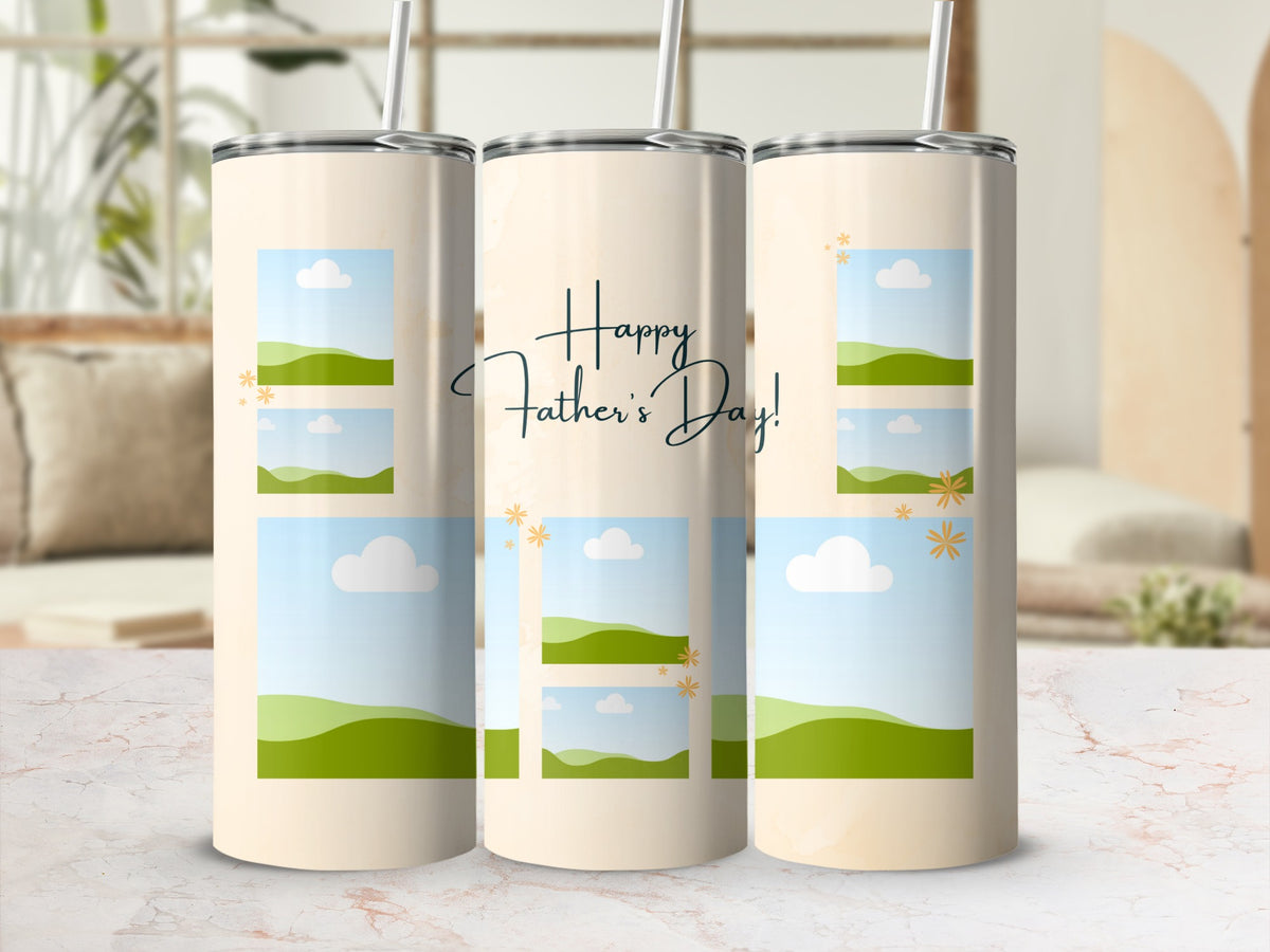 Three tumblers with "Happy Father's Day!" and landscape illustrations.