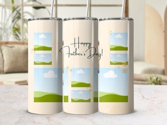 Three tumblers with "Happy Father's Day!" and landscape illustrations.