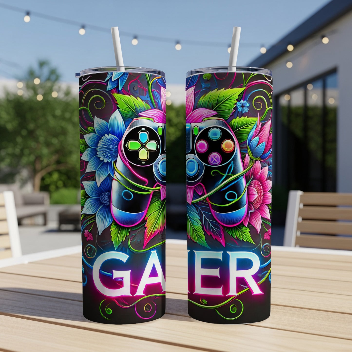 Two tumblers with neon floral gamer controller design and "GA ER" text.