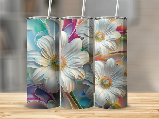 Three tumblers with white daisy and colorful abstract floral pattern.