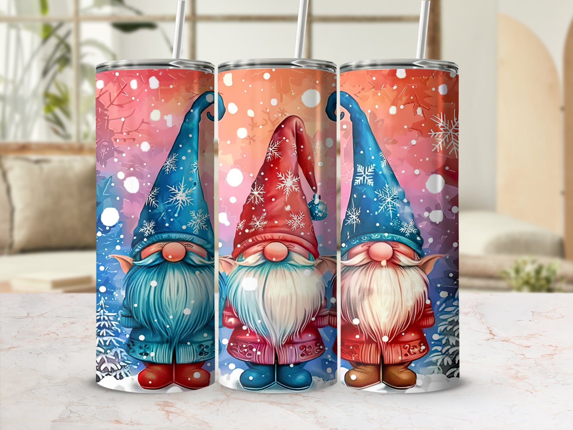 Three gnomes in winter hats and coats stand on a snowy forest background.