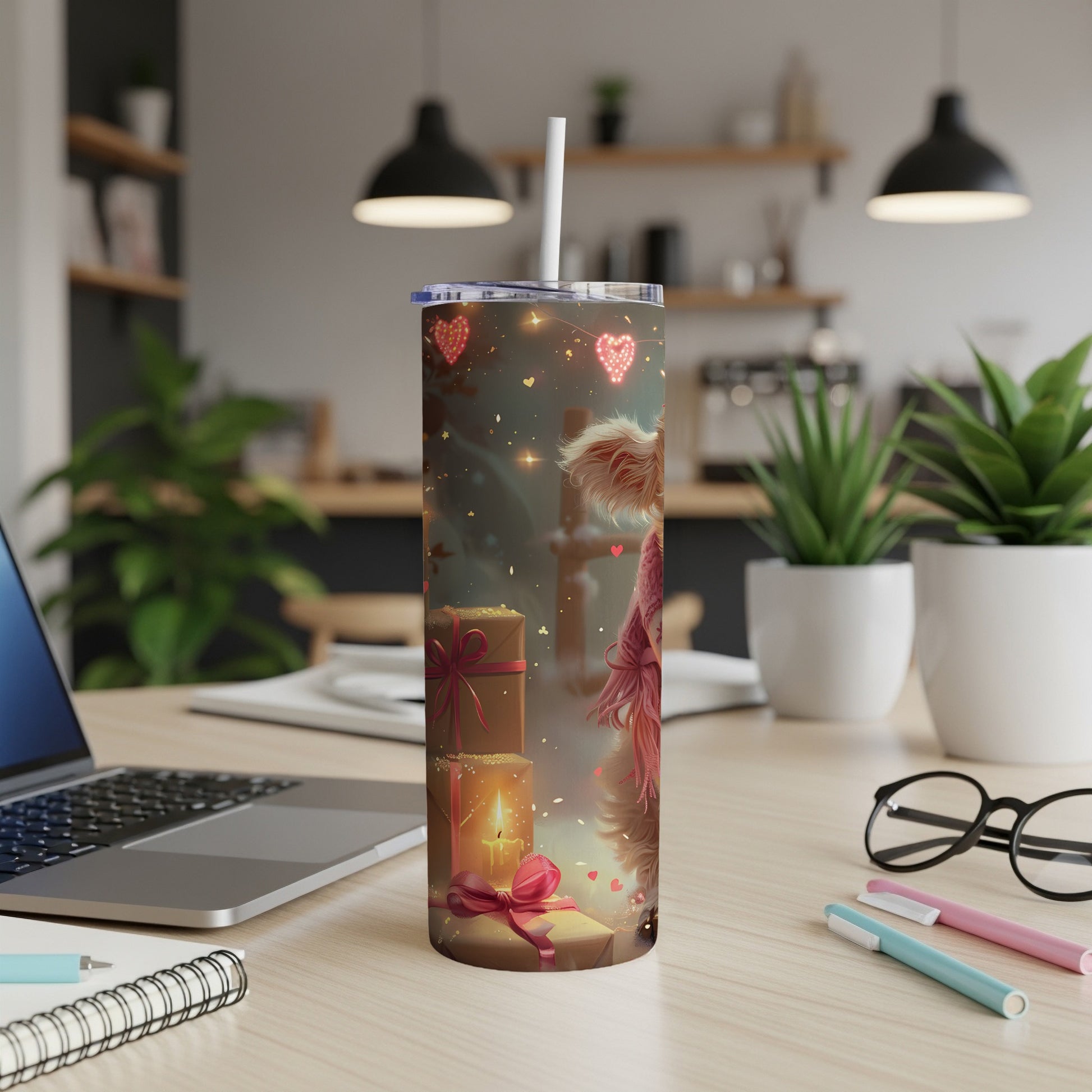 Pink tumbler with hearts, gift boxes, and a dog illustration.