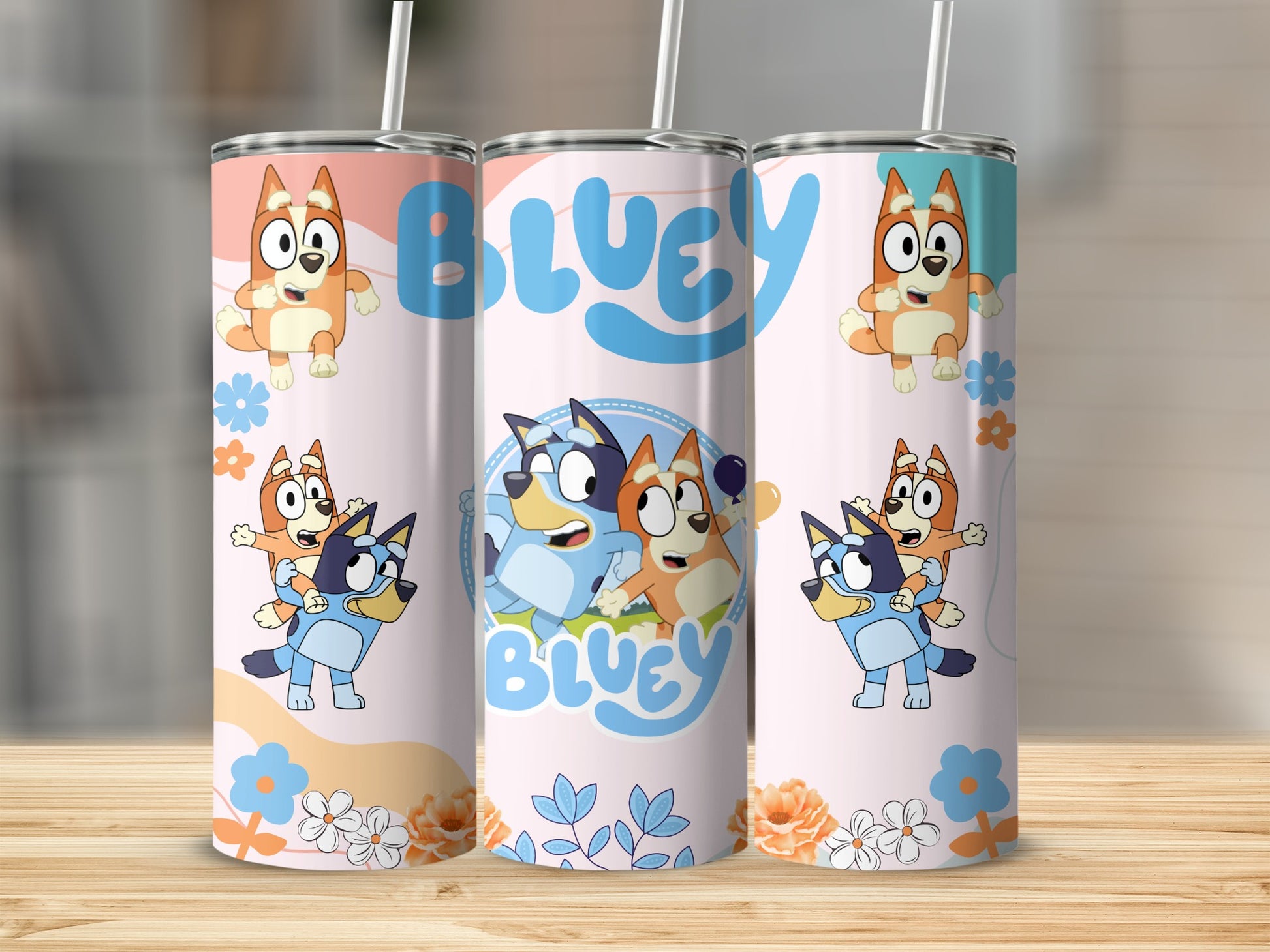 Blue Cartoon Dog Characters on Decorative Tumbler