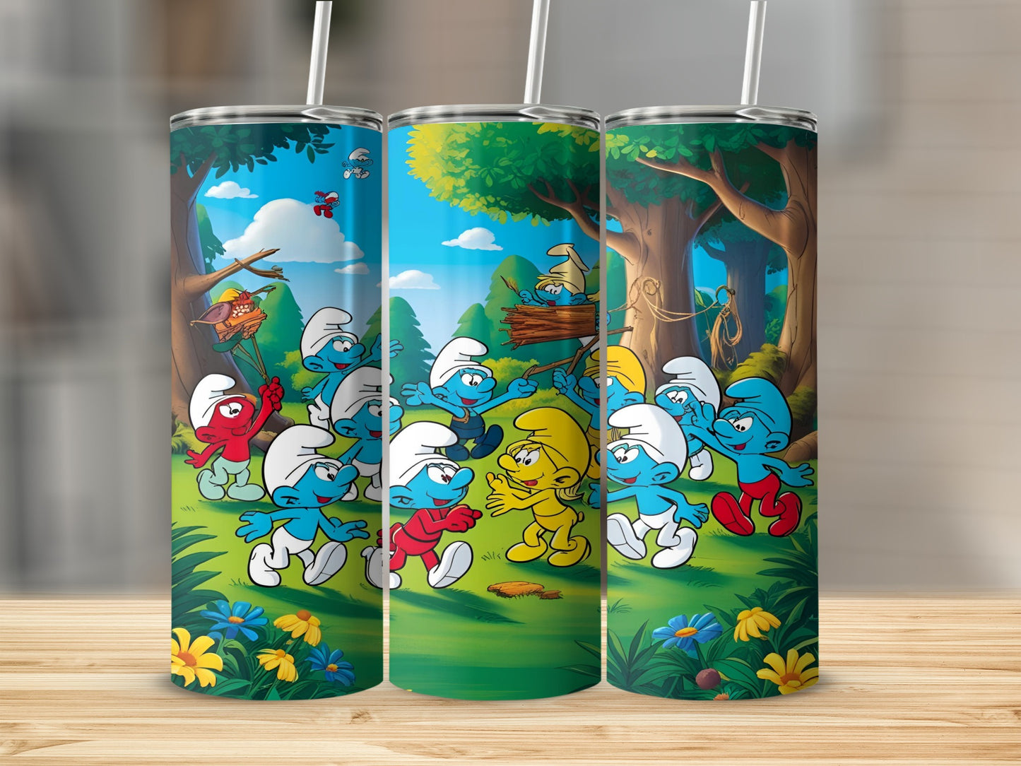 The Smurfs running through a forest scene with flowers and trees.
