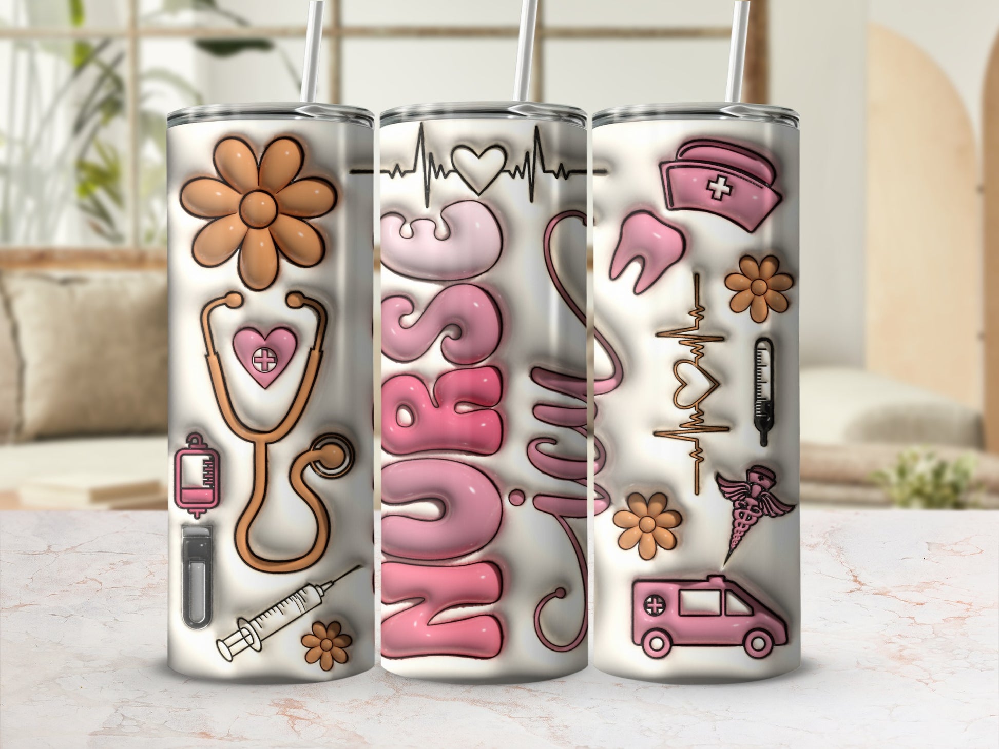 Pink "Nurse" text on a tumbler with medical icons and a syringe.