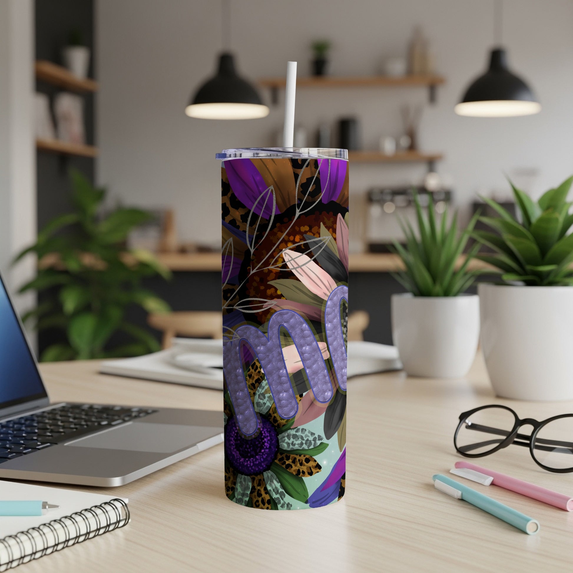 Tumbler with purple floral and leopard print, "Mom" text.