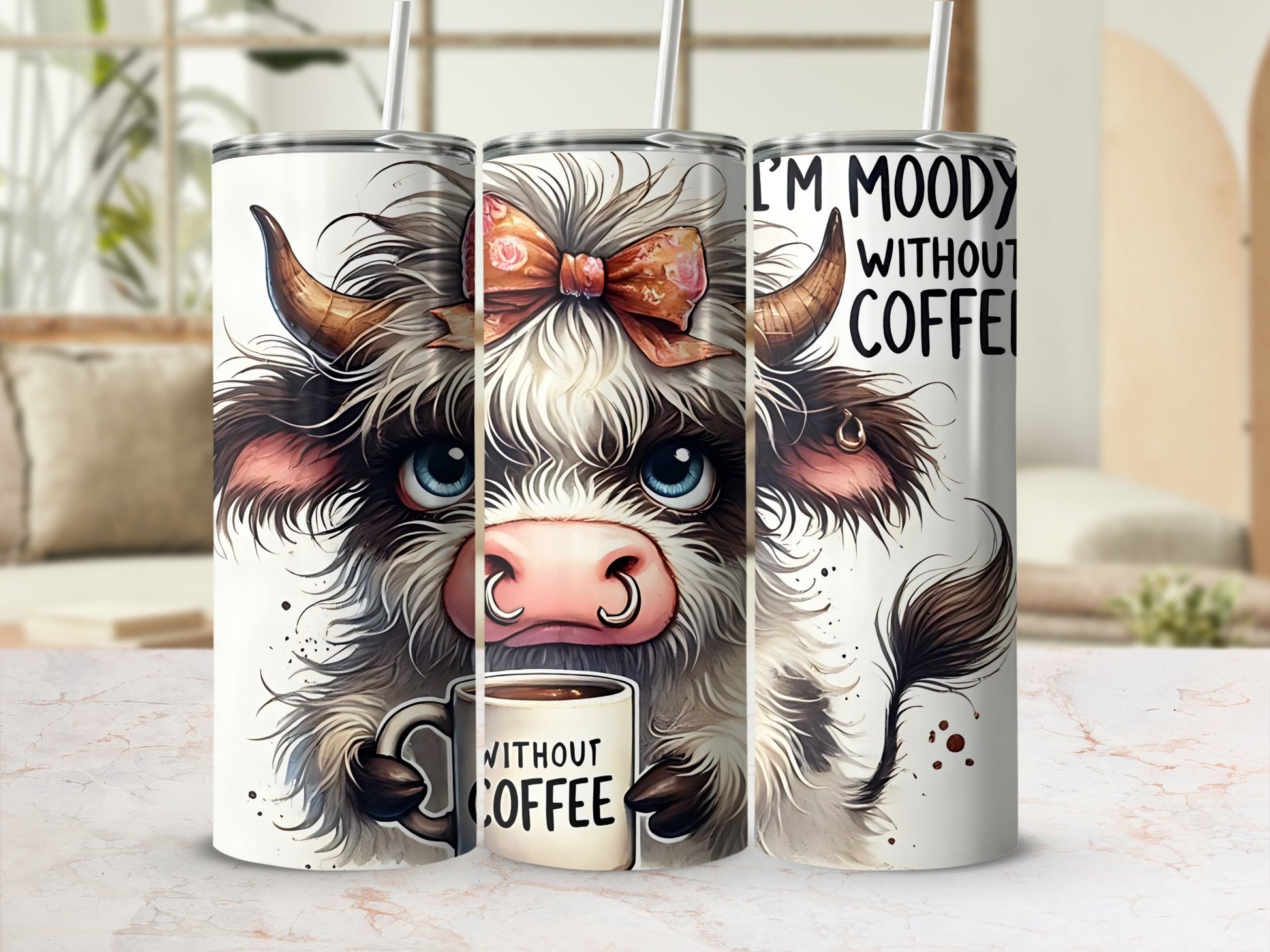 Moody Cow Without Coffee Design Tumbler with Straw