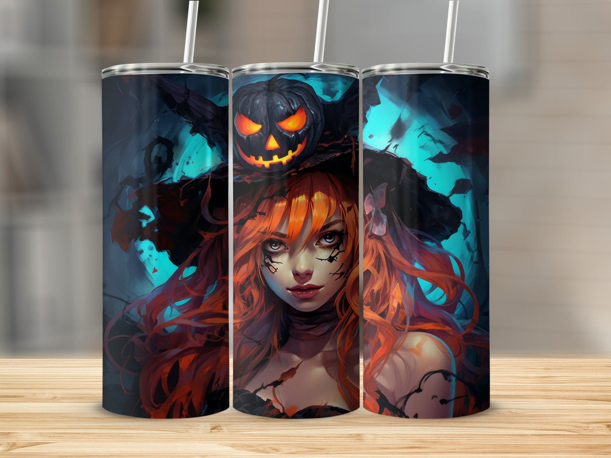 Three tumblers featuring a spooky witch with a jack-o'-lantern hat on a dark background.