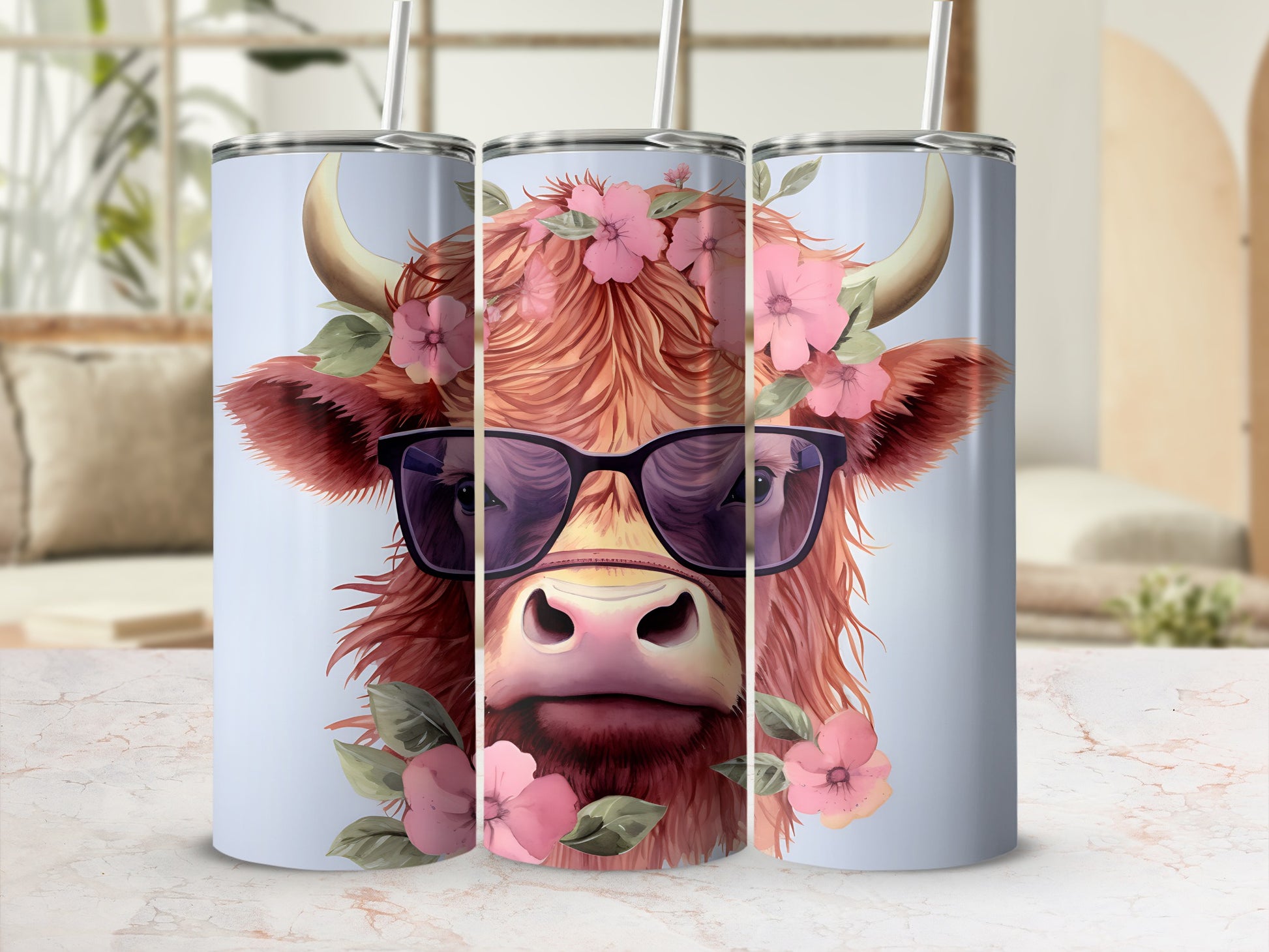 Highland cow wearing sunglasses and a floral crown.