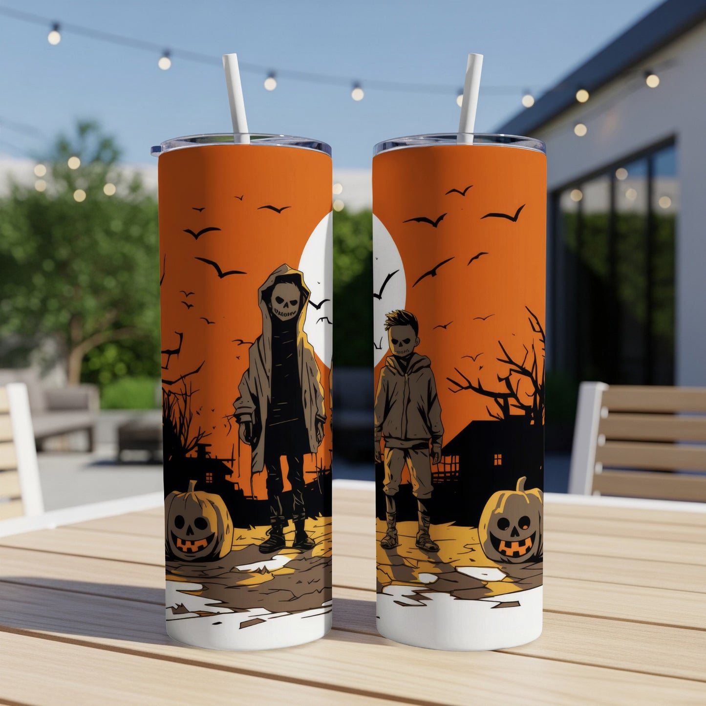 Two tumblers with Halloween art featuring skeleton figures, pumpkins, and birds against an orange sky.