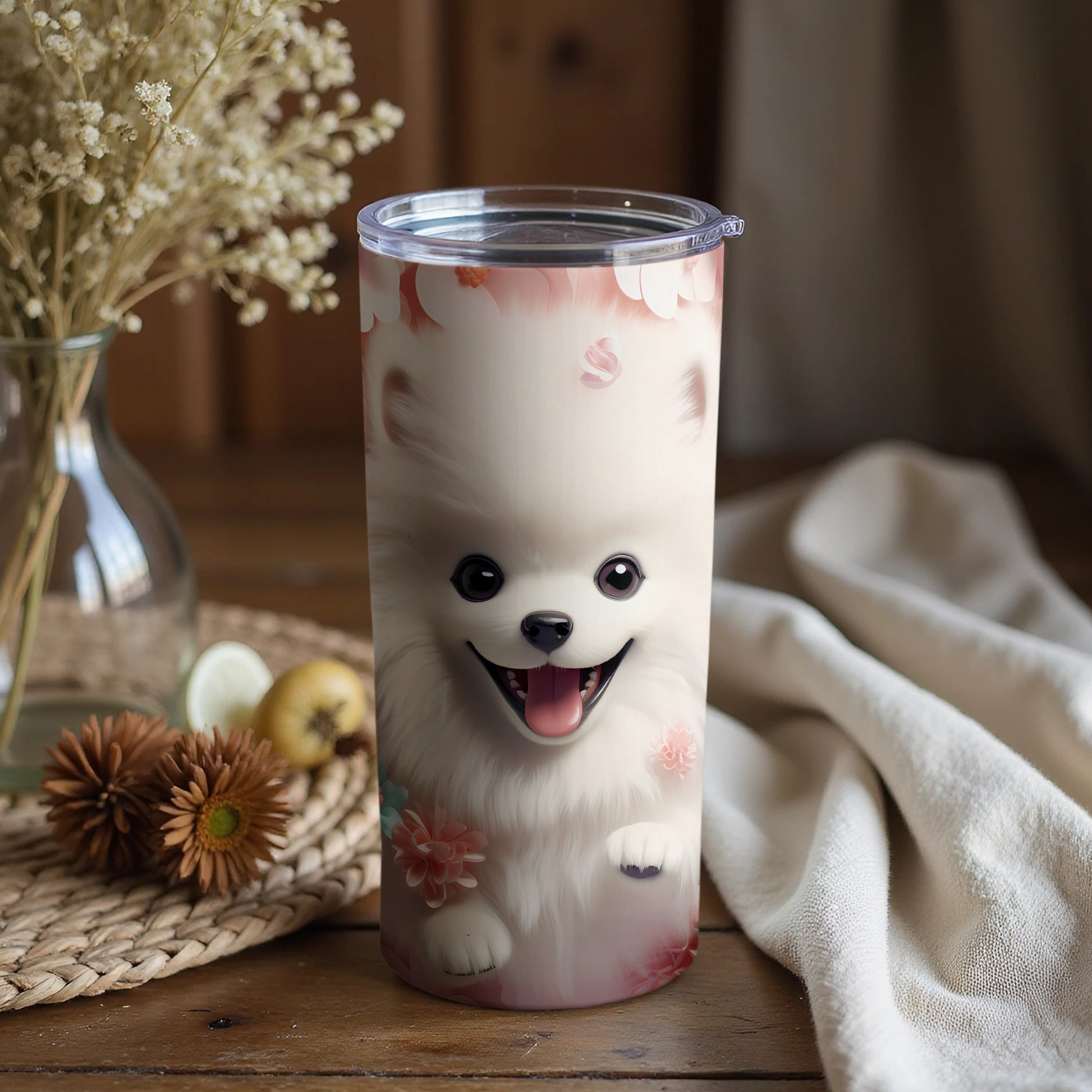 Happy Fluffy Dog Design Floral Accents Tumbler product type
Pomeranian dog
Fluffy puppy
Cute dog design
Happy dog face
Smiling dog art
Floral pattern
Pink flowers
Cartoon dog
Pet lover gift
Animal print
Beverage holder
Travel mug
Insulated cup
Drinkware
Tumbler
White dog
Aesthetic design
Unique tumbler
Puppy face
Adorable pet
