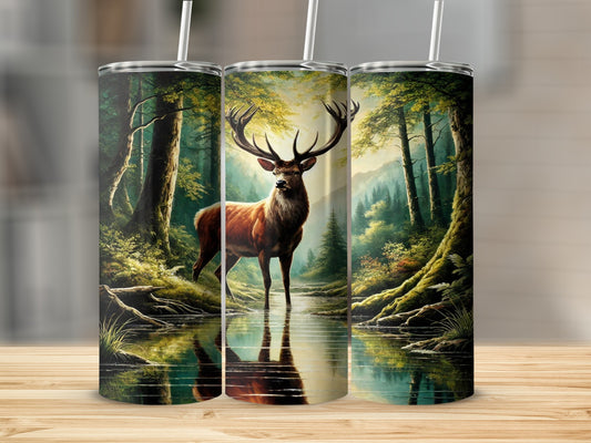 Majestic Forest Deer Design Tumbler with Straw